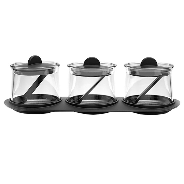 Set recipiente pentru condimente ZYBLSSBB LSM2xh941-BCS0025569, 3 borcane din sticla cu capace si lingurite, tava inclusa, transparent si negru, 30.8x10.9x9.6 cm