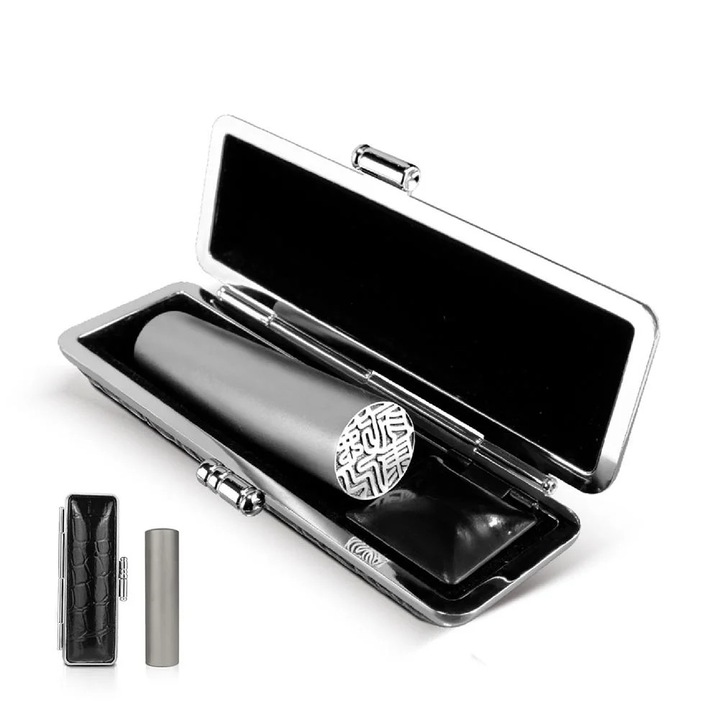 Stampila personalizata titanium mat YANYXR argintiu 10.5x18mm cu cutie piele PU croco