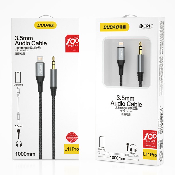 Kabel audio AUX set, 1m, Dudao, Lightning - mini jack 3.5mm, gri