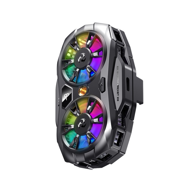 Racitor pentru telefon mobil, racire pe o suprafata mare, ajustare a racirii pe patru niveluri, control AI al temperaturii, ventilator cu turbina duala, efecte de iluminare RGB, clips retractabil, display, zgomot ultra-reducator, ABS+aluminiu, negru