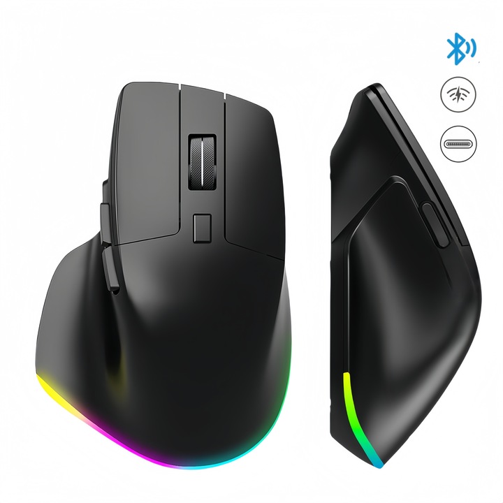 Безжична мишка, ергономичен дизайн, 6 бутона, зареждане TYPE-C, RGB осветление, черна