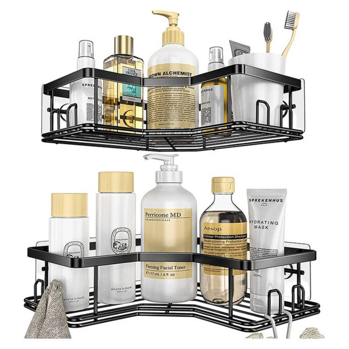 Set 2 suporturi coltare pentru dus, organizator cu adeziv puternic, impermeabil, montare pe perete, 8 carlige