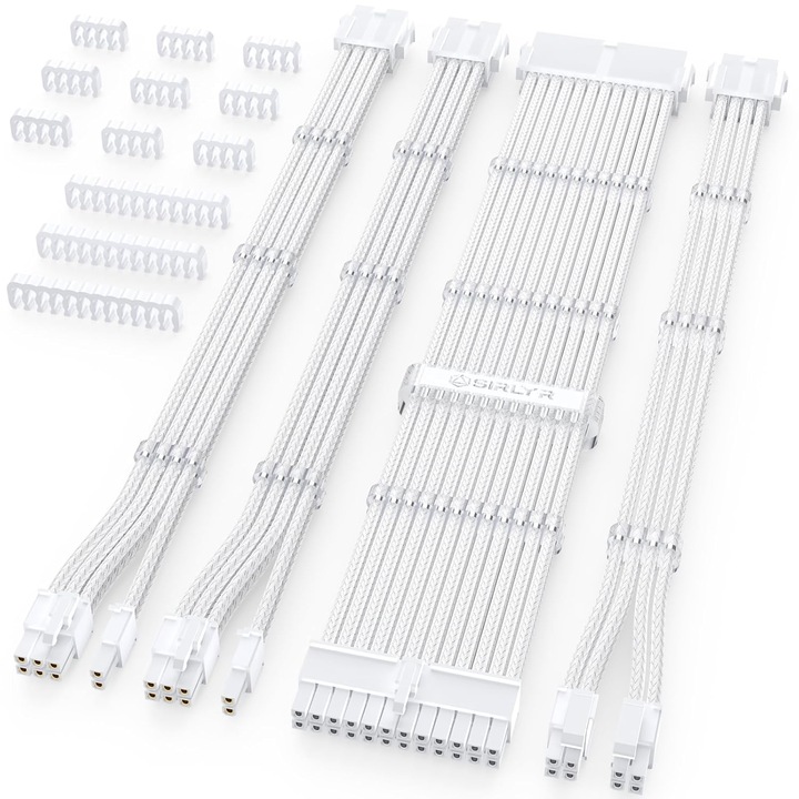 Комплект удължителни кабели за захранване ATX, OTTOOPPXIN®, 24-пинови, 4+4-пинови, 6+2-пинови, 18AWG чиста мед, бял, 300 мм