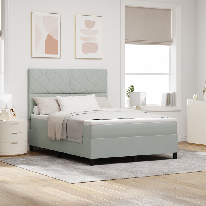 Pat Box Spring vidaXL cu saltea si lumina LED gri 140x190 cm, catifea si arcuri impachetate