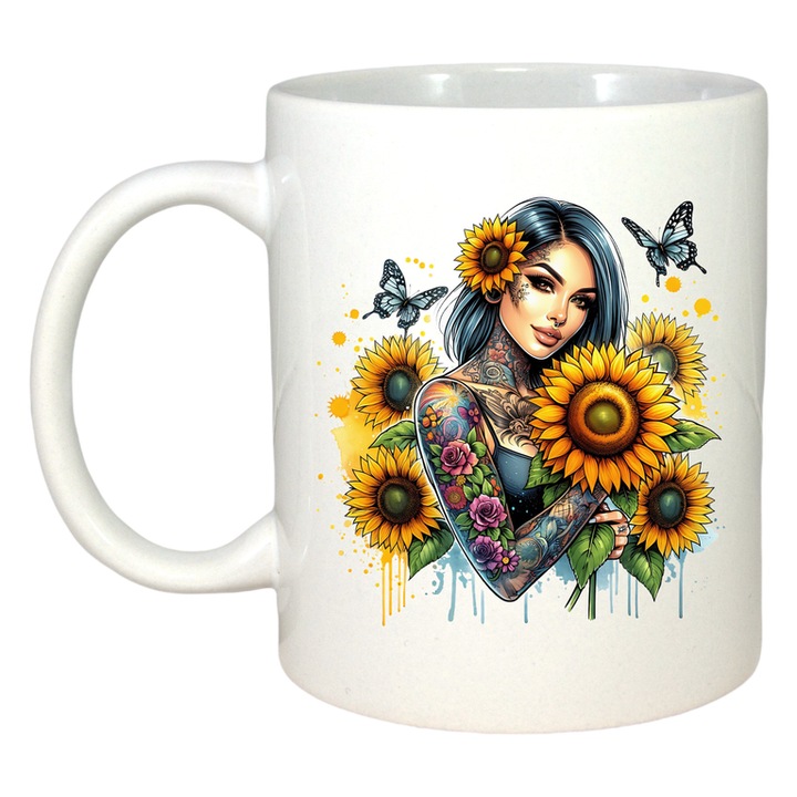 Cana confident girl sunflowers and butterflies, fata increzatoare cu flori si fluturi, Cri-Flo, Ceramica, 330 ml, Culoare Alb