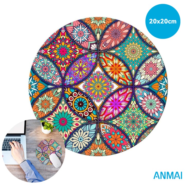 Mouse Pad Gaming, Anmai, Pad pentru Mouse Antiderapant, Mandala rotund, Suprafata fina, Viteza de alunecare marita, Cusaturi anti-rupere, Pentru birou, gaming, office, Cauciucat, 200x2mm, Multicolor
