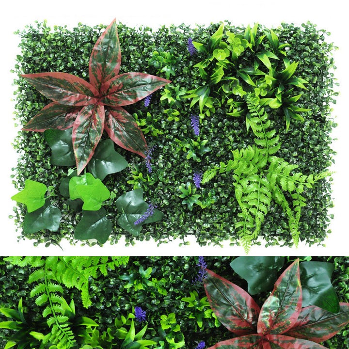 Изкуствено растение Feicaeesa, декоративен зелен панел 40x60 см с червени и лилави акценти - хармонично аранжирано, за вътрешна употреба
