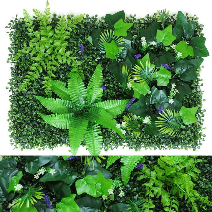 Feicaeesa® Изкуствено растение, Зелен стенен растителен панел 40x60 см - Гъсти листа с бели и лилави акценти, За вътрешна употреба