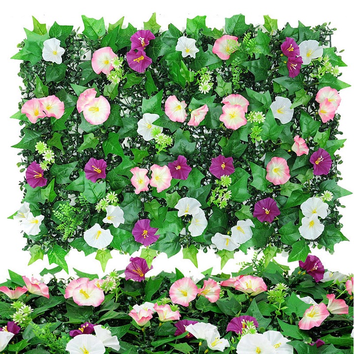 Feicaeesa® Planta Artificiala, Gradina Balcon Petunii Mix 40x60 cm - Flori Roz/Albe/Vioarte cu Centru Galben, 42 Floare, Strat Gros​