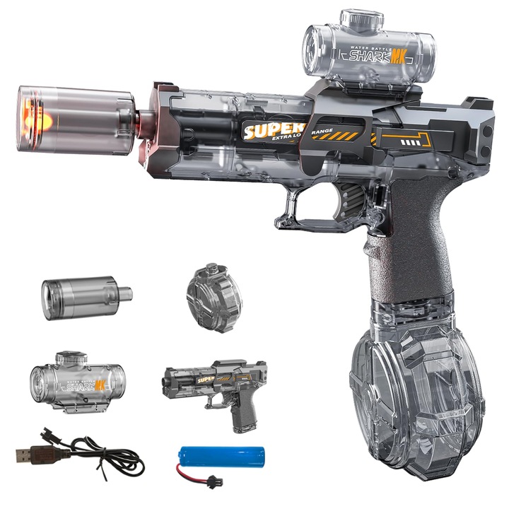 Електрически пистолет за вода, MorFansi®, Обхват 8 м, Резервоар 500мл, Интерактивни LED светлини, Водоустойчив, USB зареждане, За басейн, плаж, парти, игра на открито, За деца и възрастни, Черен
