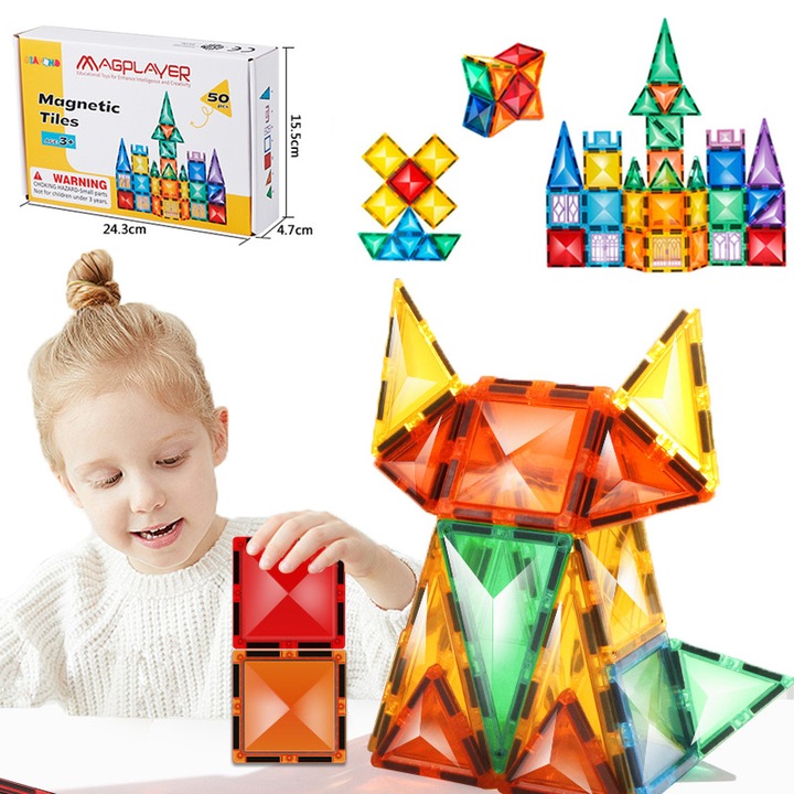 Set Inteligent Constructie Magnetic 50 Piese, jucarii educationale, Educativ, Creativ, multicolor, 3 ani +