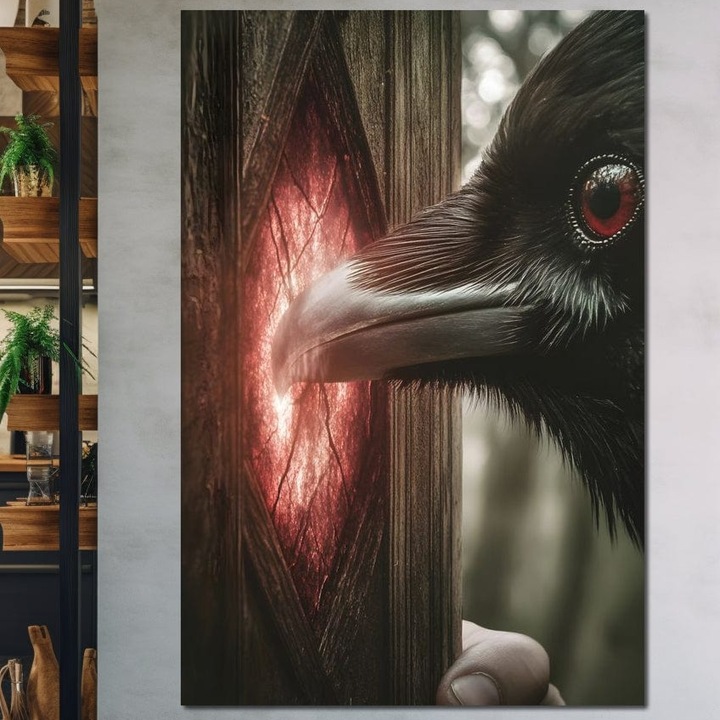 Tablou Canvas Premium, LuxCanva® M1084, Fereastra dintre Lumi, 80 X 120 CM, Panza Bumbac 100% 400g/m2, Sasiu Lemn, Corb, Privire, Ochi, Viziune, Portal, Magie, Secret, Revelatie, Mister, Pasare, Fereastra, Birou, Living, Camera Copil