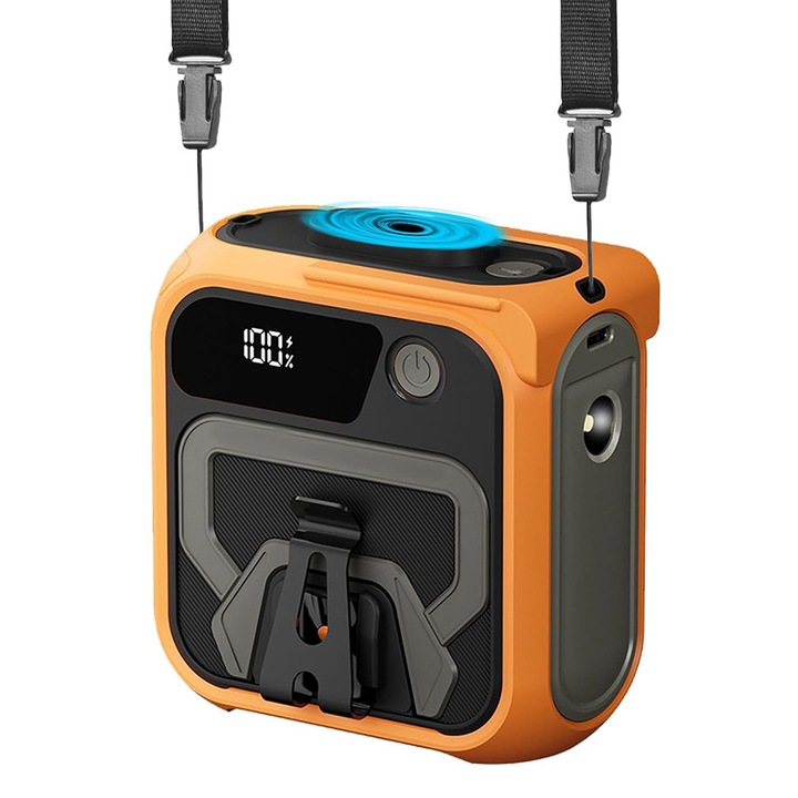 Вентилатор, Comando Huricane Mellisa, многофункционален, преносим, вградена външна батерия, 10000 mAh, LED фенерче, LCD дисплей, 14800 об/мин, компактен, различни системи за закрепване, оранжев