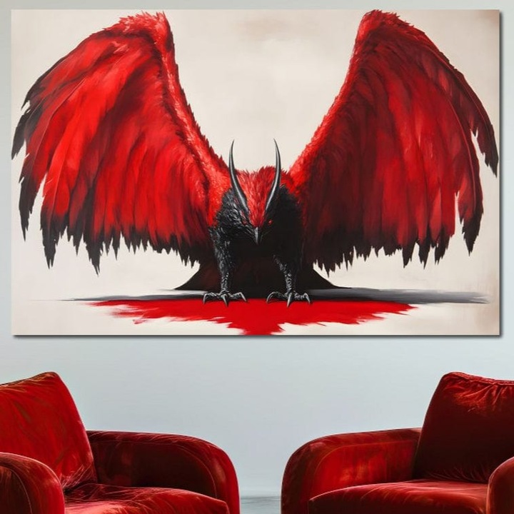 Tablou Canvas Premium, LuxCanva® M1086, Razboinicul din Abis, 80 X 120 CM, Panza Bumbac 100% 400g/m2, Sasiu Lemn, Vultur, Aripi, Rosu, Negru, Malefic, Coarne, Gheare, Judecata, Mistic, Pasare, Simbolism, Birou, Living, Camera Copil