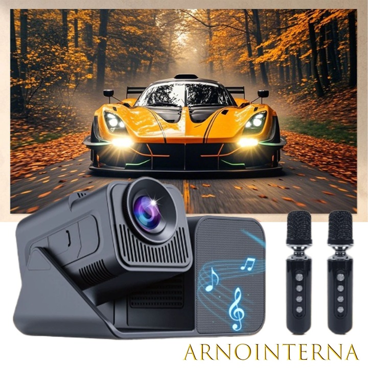 Videoproiector Portabil Smart, Proiector portabil nativ 4K 1080P, proiector de karaoke, proiector de teatru KTV de acasa in aer liber, cu baterie de 4000mAh，design negru, set complet cu doua microfoane