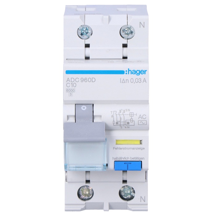 Intrerupator diferential cu protectie la supracurent, Hager, 1P+N, 6kA, 10A, 30mA, tip AC