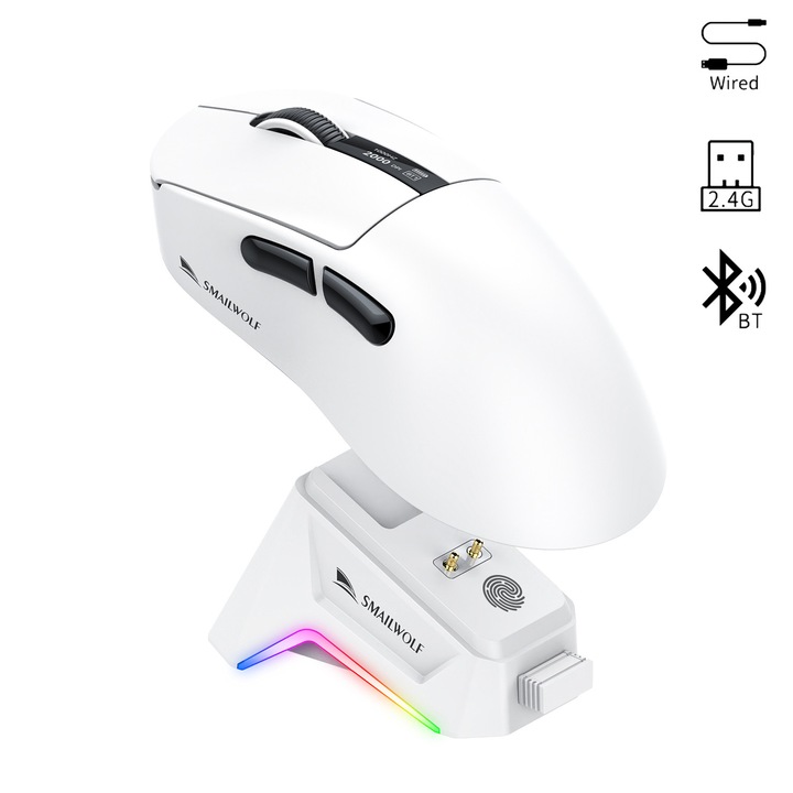 Mouse Gaming Wireless, 57g Ultra-Light, cu Display Digital Smart si Baza Incarcare RGB, Senzor PAW3311 12000 DPI, Tri-Mode 2.4G/Bluetooth/USB-C, 1000Hz, HUANO Switches, Alb