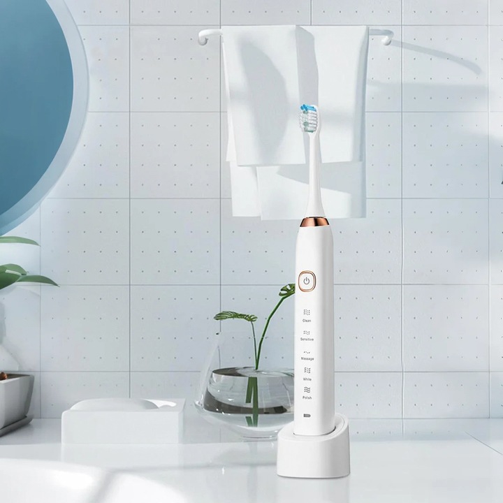 VeniSymlis® Periuta de dinti electrica inteligenta, expert in ingrijirea orala, 5 moduri× 3 puncte forte,8 capete de schimb, durata de viata a bateriei de 30 de zile, rezistent la apa IPX7, calatorie portabila, temporizator inteligent, certificat