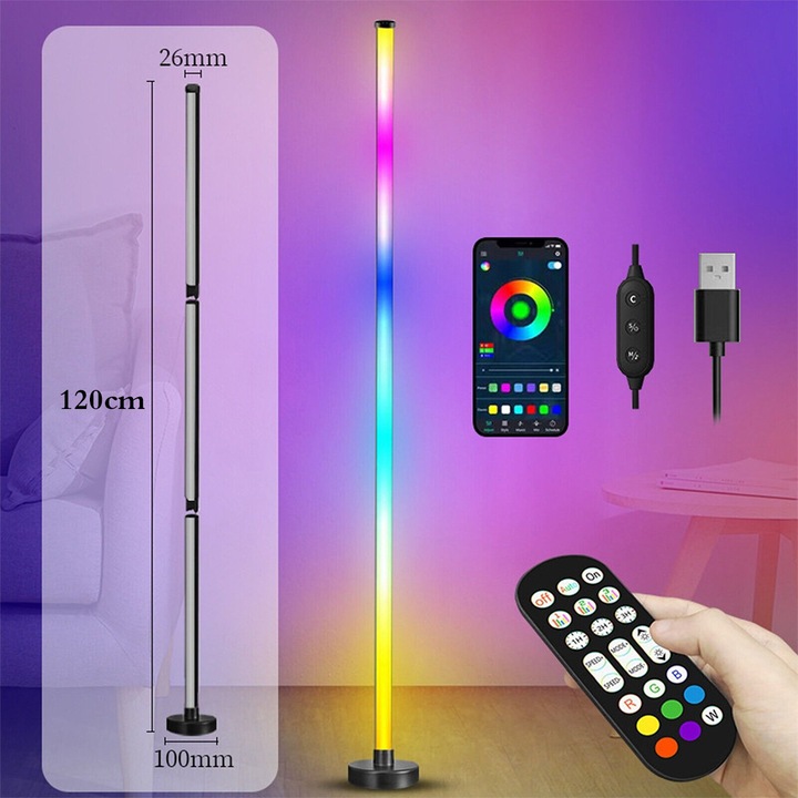 RGB LED állólámpa, 120cm, APP és távirányító vezérlés, többszínű, 10W, 1 db-os szett