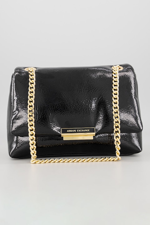 ARMANI EXCHANGE, Geanta din piele ecologica cu bareta de umar si aspect lacuit, Negru