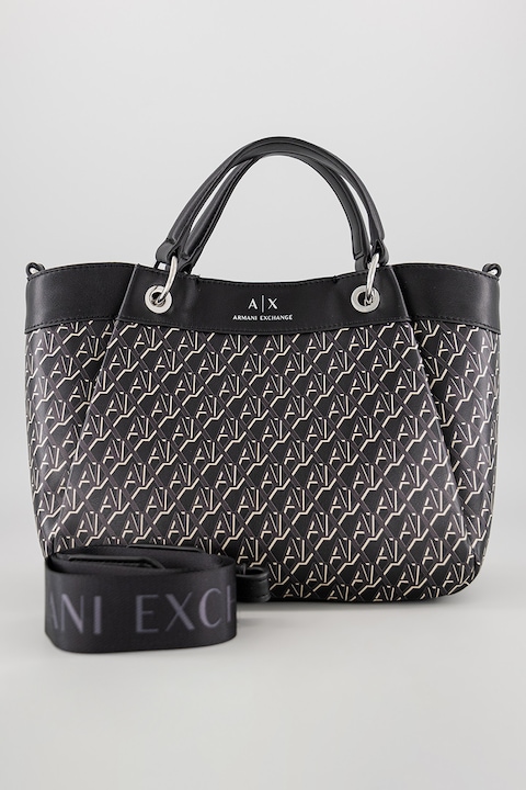 ARMANI EXCHANGE, Geanta shopper din piele ecologica cu imprimeu logo, Verde pal, Negru