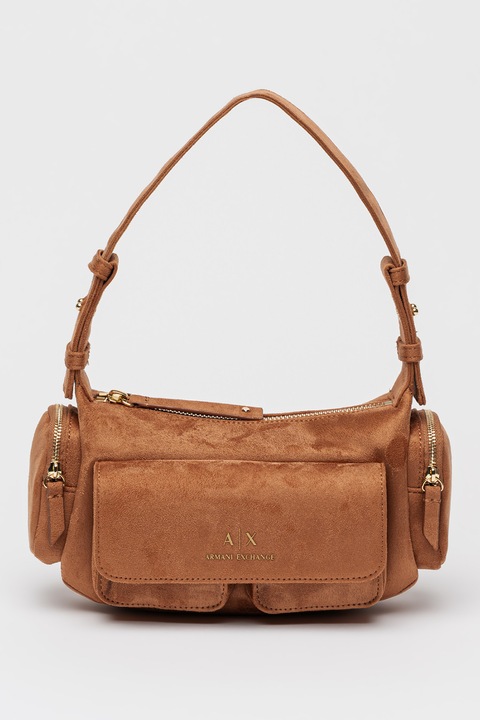 ARMANI EXCHANGE, Geanta baguette de piele intoarsa ecologica, Maro scortisoara