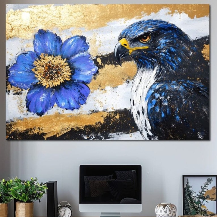 Tablou Canvas Premium, LuxCanva® M1089, Simbioza Regala, 60 X 90 CM, Panza Bumbac 100% 400g/m2, Sasiu Lemn, Soim, Floare, Petale, Textura, Auriu, Arta, Eleganta, Contrast, Pictura, Detalii, Cobalt, Regal, Birou, Living, Camera Copil