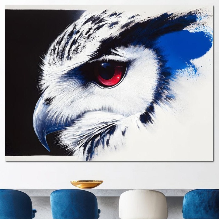 Tablou Canvas Premium, LuxCanva® M1091, Foc in Irisul Noptii, 90 X 120 CM, Panza Bumbac 100% 400g/m2, Sasiu Lemn, Ochi, Iris, Privire, Rosu, Mister, Intelepciune, Textura, Cerneala, Bufnita, Pasare, Portret, Birou, Living, Camera Copil