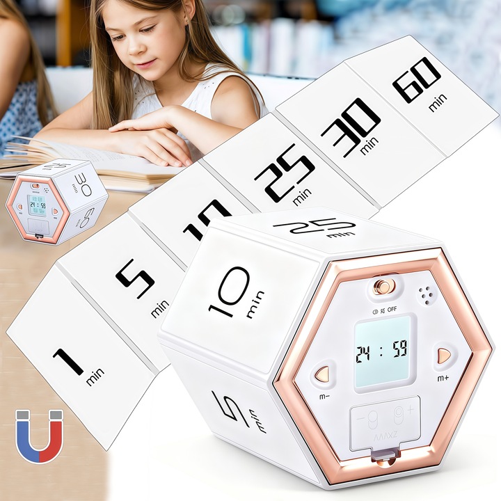 Timer digital bucatarie, Valuxor®, Temporizator Pomodoro, Magnetica, Gravitatie rotativ, Pentru Birou, Biblioteca,, Timer Cub pentru ADHD, Ajustabil Sunet, Alb, 6.5x6.5x6.5 cm