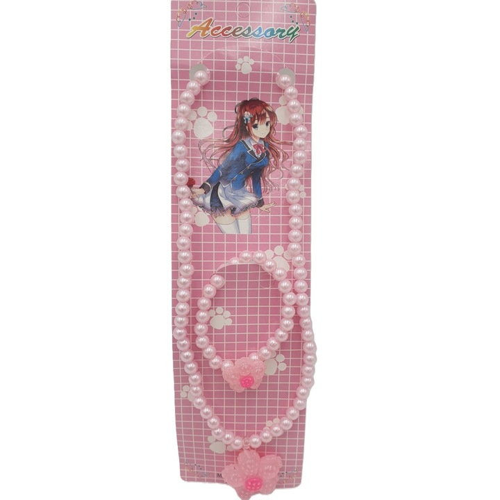 Set bijuterii copii, SANDEX, colier si bratara, 12 seturi, alb/roz