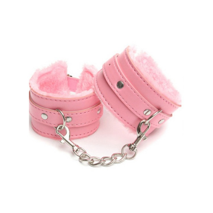 Állítható bőr bilincs szett, szőrmével, rózsaszín, univerzális méret
