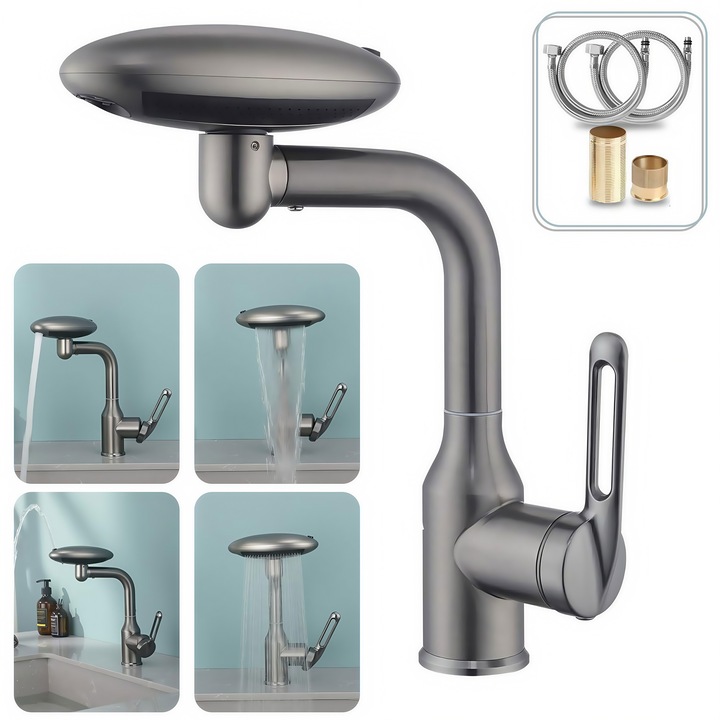 Baterie Chiuveta Baie, Valuxor®, Rotire 360°, 4 tipuri jet, Cascada, 1/2'', Valva reglare apa rece-cald, Ergonomic, Racorduri incluse, Otel inoxidabil, Rezistent la rugina si coroziune, Usor de instalat, Cu furtun, Gri