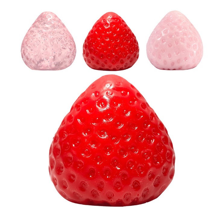Set de 3 jucarii squishy capsuni, rosu, roz, roz transparent, 6cmx7cm
