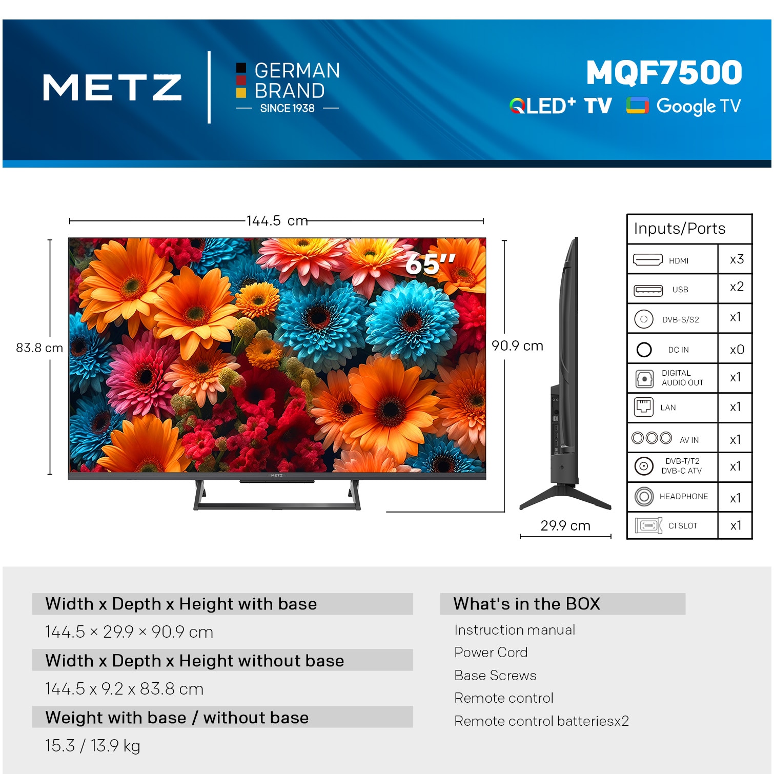 Televizor METZ QLED 65MQF7500Z, 164 cm, Smart Google TV, 4K Ultra HD, Clasa F (Model 2025)