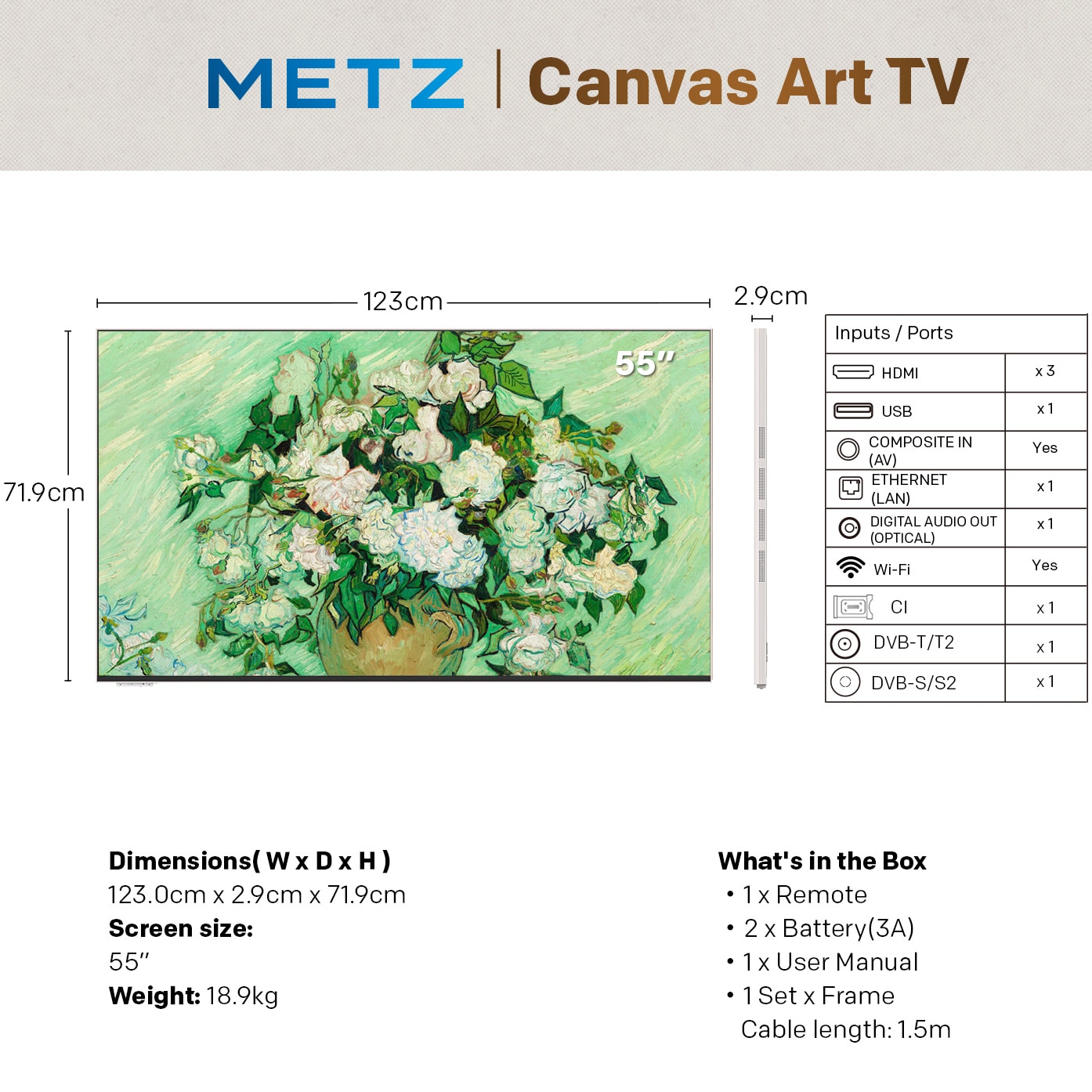 RESIGILAT: Televizor METZ Tablou QLED 55MUE7800Z, 139 cm, Smart Google TV, 4K Ultra HD, Clasa F (Model 2025)