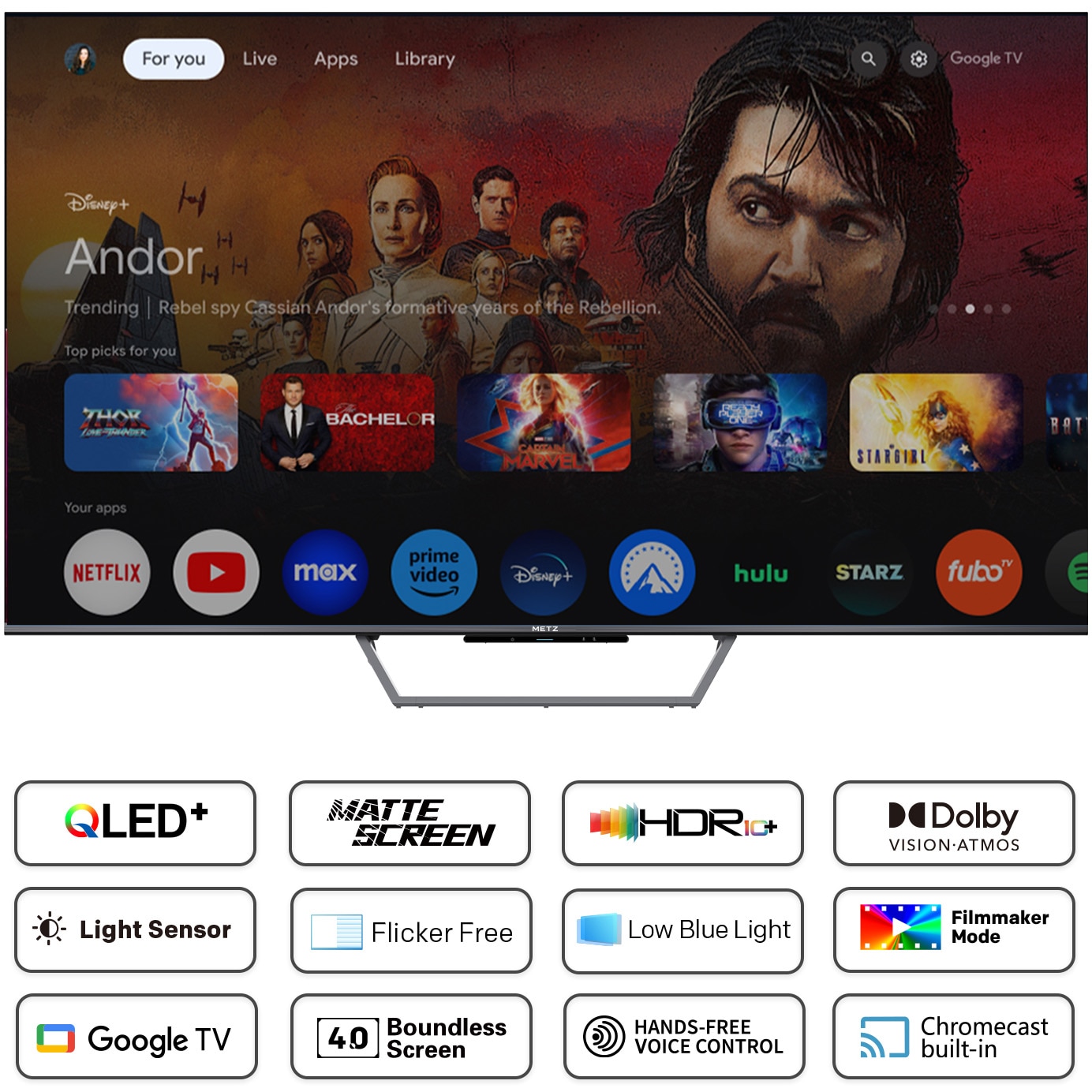 Televizor METZ QLED 75MQE7600Z, 189 cm, Smart Google TV, 4K Ultra HD, Clasa F (Model 2025)