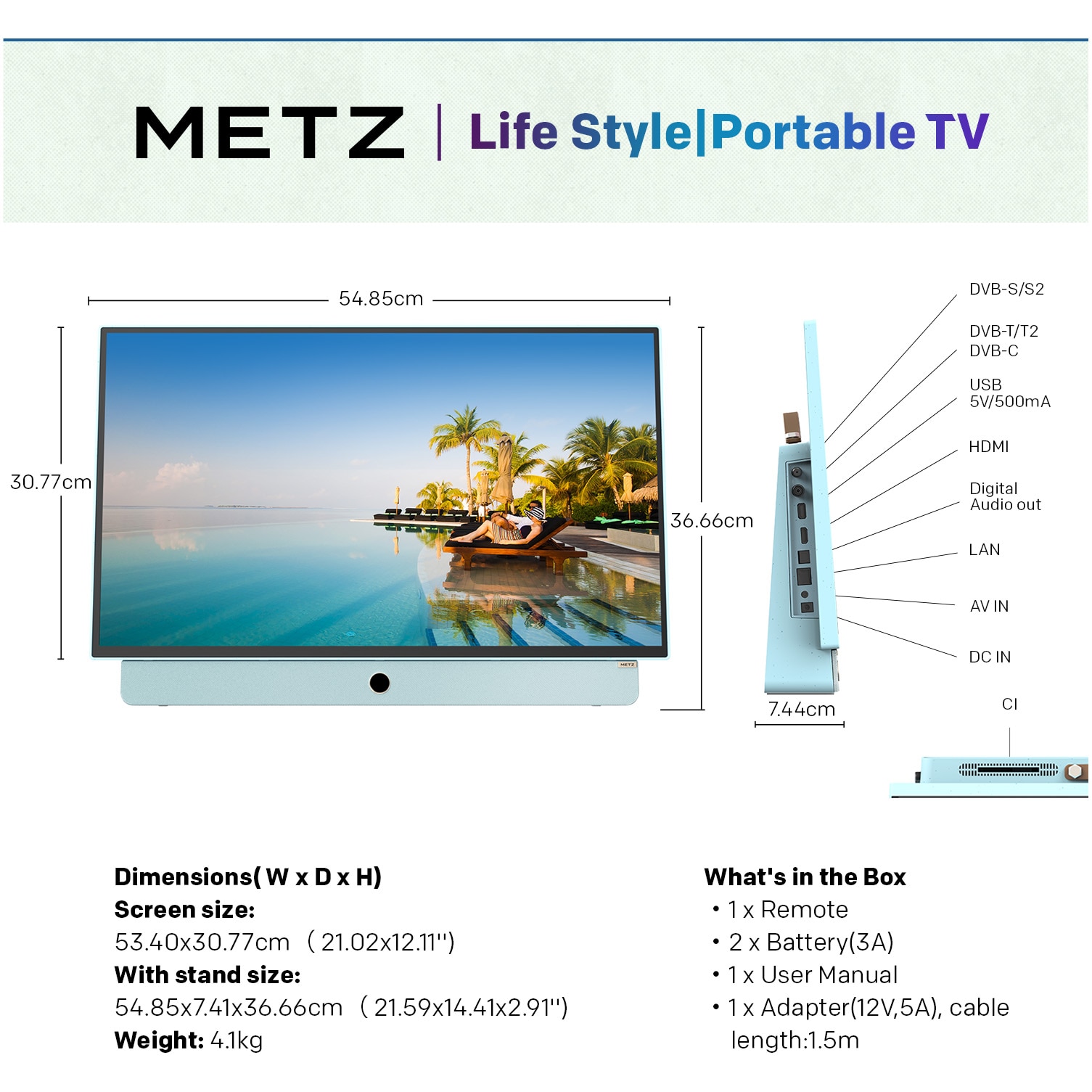 Televizor portabil METZ LED 24MPE7000Y, 60 cm, Smart Google TV, adaptor alimentare 12V, Full HD, Clasa E (Model 2025)