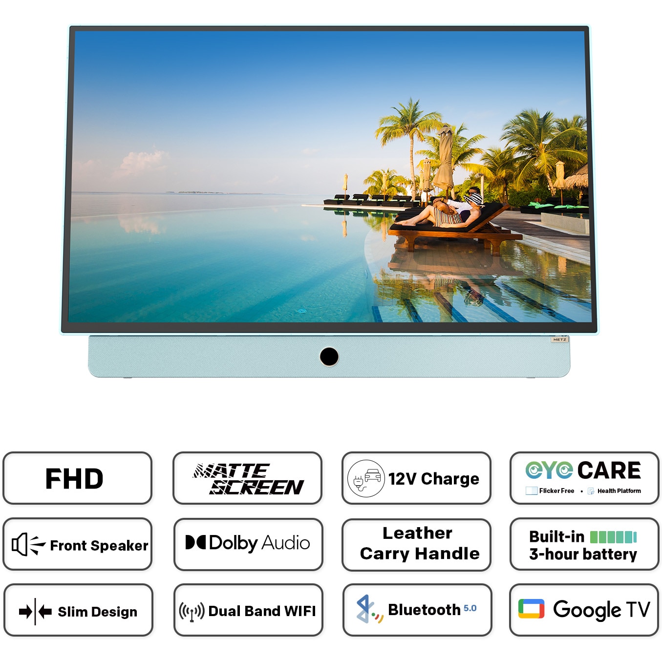 Televizor portabil METZ LED 24MPE7000Y, 60 cm, Smart Google TV, adaptor alimentare 12V, Full HD, Clasa E (Model 2025)