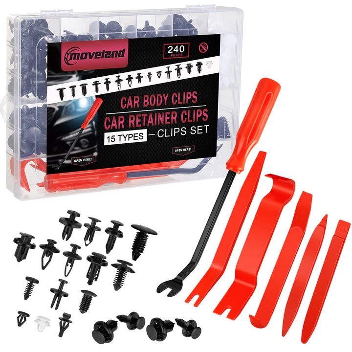 Set cleme caroserie auto moveland, 240 bucati, 15 tipuri, nylon, cu unelte de indepartare, universal