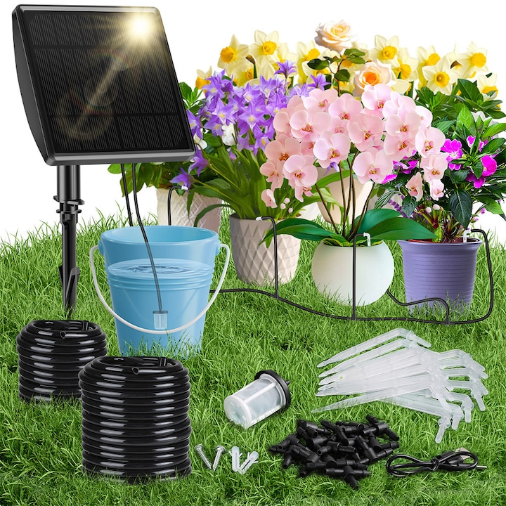 Капкова напоителна система Соларна - Автоматичен комплект за поливане на 15 саксии с анти-сифонно устройство, дебит 750 мл/мин, за вътрешна/външна употреба, соларна напоителна система за градина/балкон/тераса
