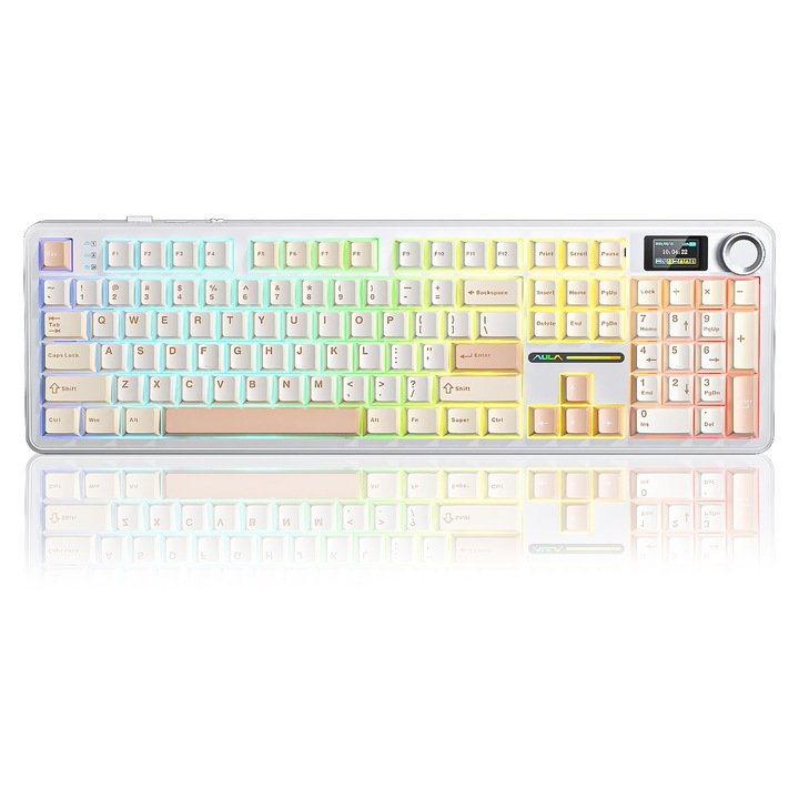 Tastatura mecanica AULA F108 Pro, switch Caramel Latte, tri-mode, RGB, hot-swappable, ecran LCD si buton rotativ, keycaps PBT, baterie 8000mAh, pentru gaming si birou
