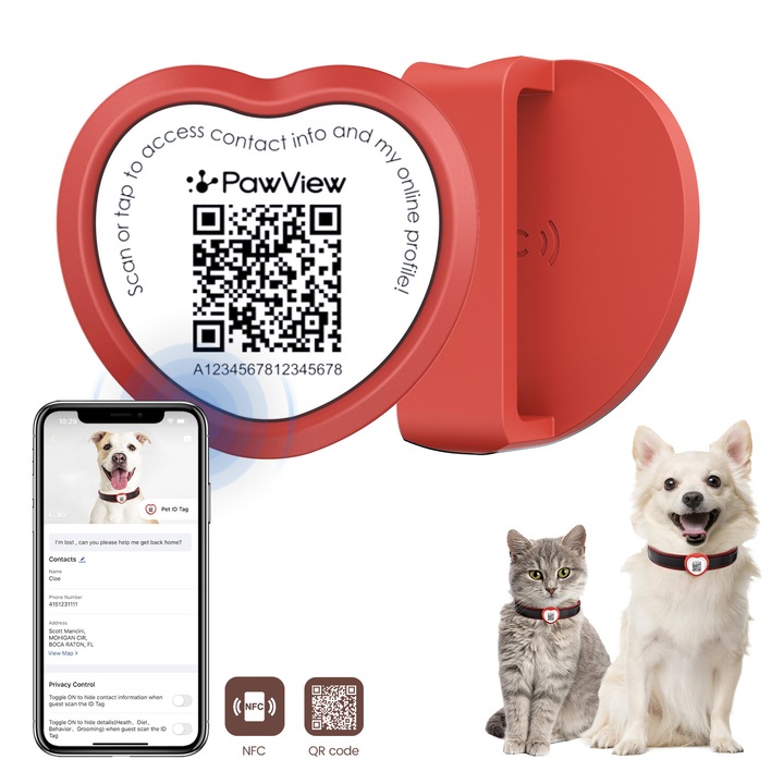 PawView® Medalion pentru animale de companie, cu QR Code si NFC - Anti-Pierdere, Profil Online, Silicon, pentru Caini si Pisici - Pandantiv Personalizat, Medalion Personalizat Caini, activare prin aplicatie （ Inima, Rosu）