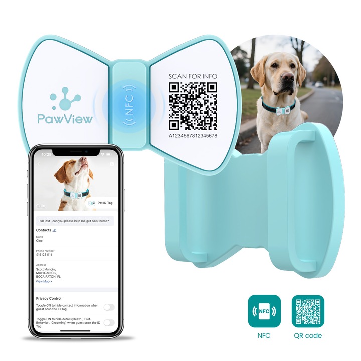 PawView® Medalion pentru animale de companie, cu QR Code si NFC - Anti-Pierdere, Profil Online, Silicon, pentru Caini si Pisici - Pandantiv Personalizat, Medalion Personalizat Caini, activare prin aplicatie （ Funda, Albastru deschis）