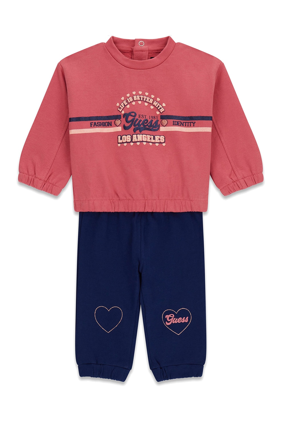 GUESS KIDS, Set de bluza de trening cu imprimeu logo si pantaloni de trening relaxed-fit, Albastru inchis, Roz inchis, 68-76 CM