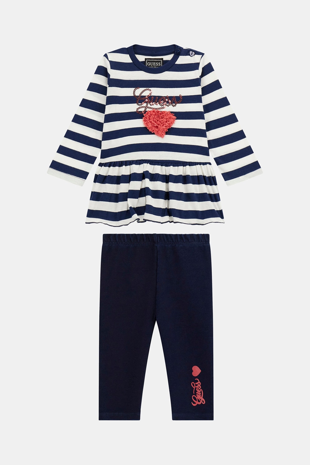 GUESS KIDS, Set de bluza cu model in dungi si colanti cu imprimeu logo - 2 Piese, Alb optic, Bleumarin, 54-60 CM