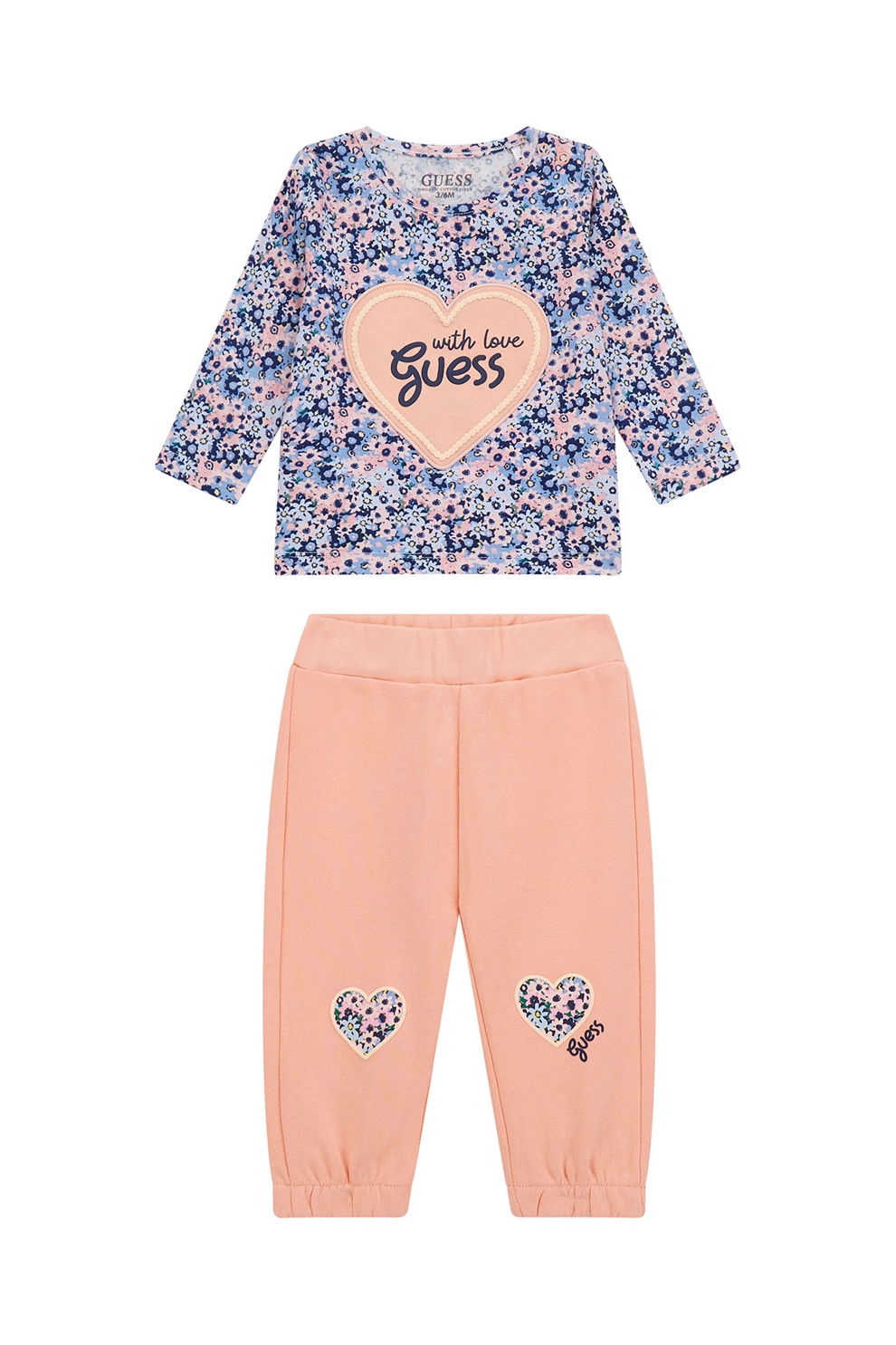 GUESS KIDS, Bluza cu model floral si pantaloni de trening relaxed-fit - 2 Piese, Roz somon, Albastru, 55-62 CM