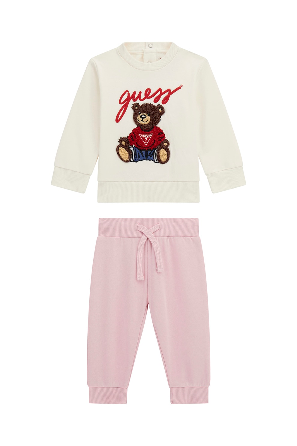 GUESS KIDS, Set de bluza de trening si pantaloni cu aplicatie grafica, Alb fildes, Maro, Roz pastel, 54-60 CM