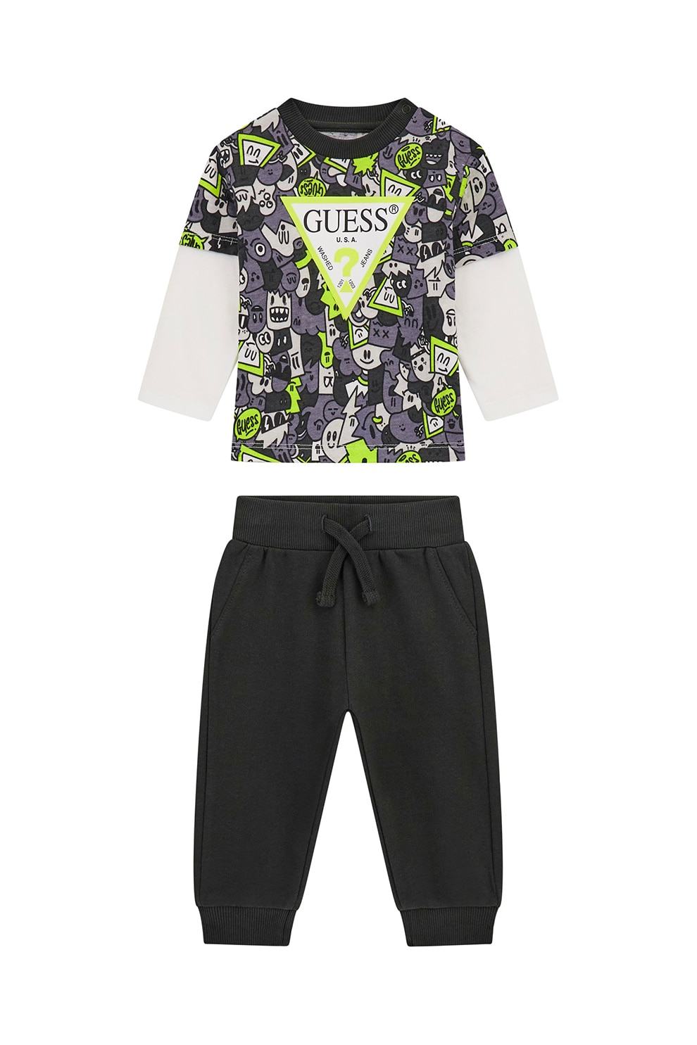 GUESS KIDS, Set de bluza de trening cu imprimeu logo si pantaloni de trening - 2 Piese, Alb, Verde lime, Gri antracit, 54-60 CM