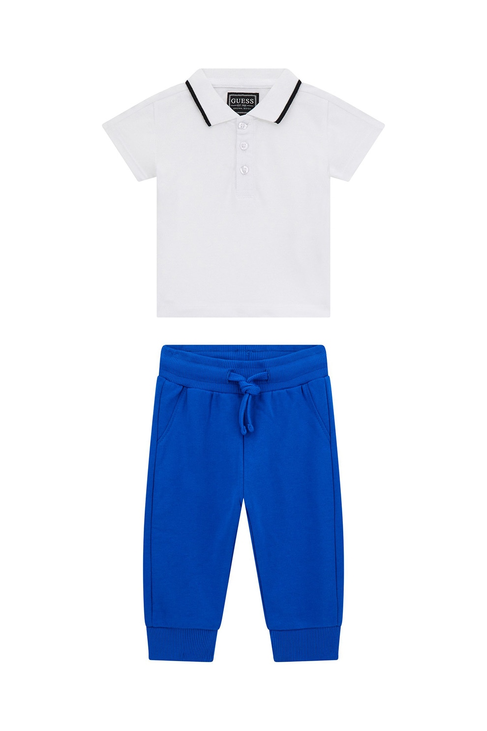GUESS KIDS, Set de tricou polo si pantaloni de trening - 2 Piese, Alb, Albastru royal, 55-62 CM