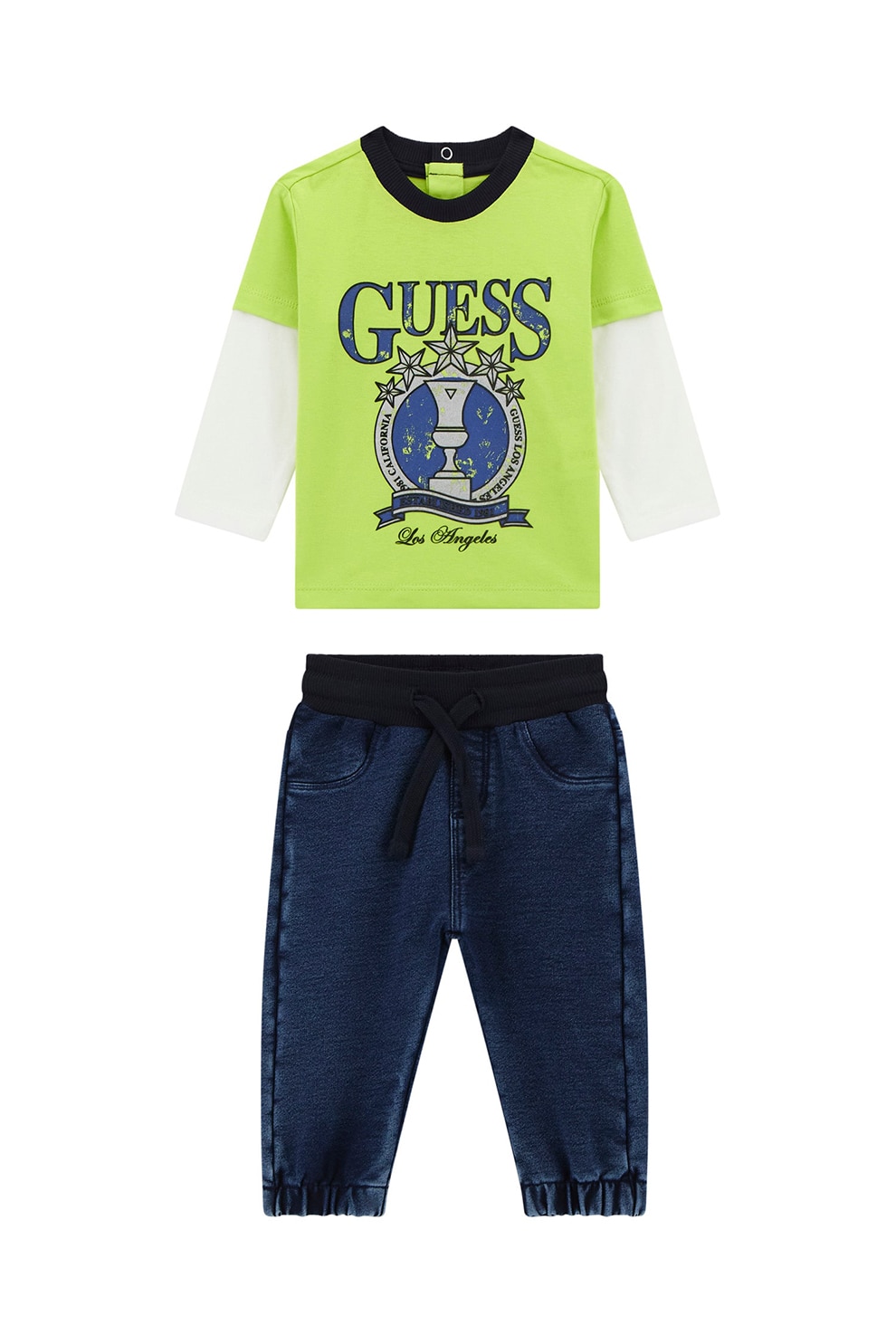 GUESS KIDS, Set de bluza cu imprimeu logo si blugi - 2 piese, Alb, Verde lime, Albastru, 54-60 CM